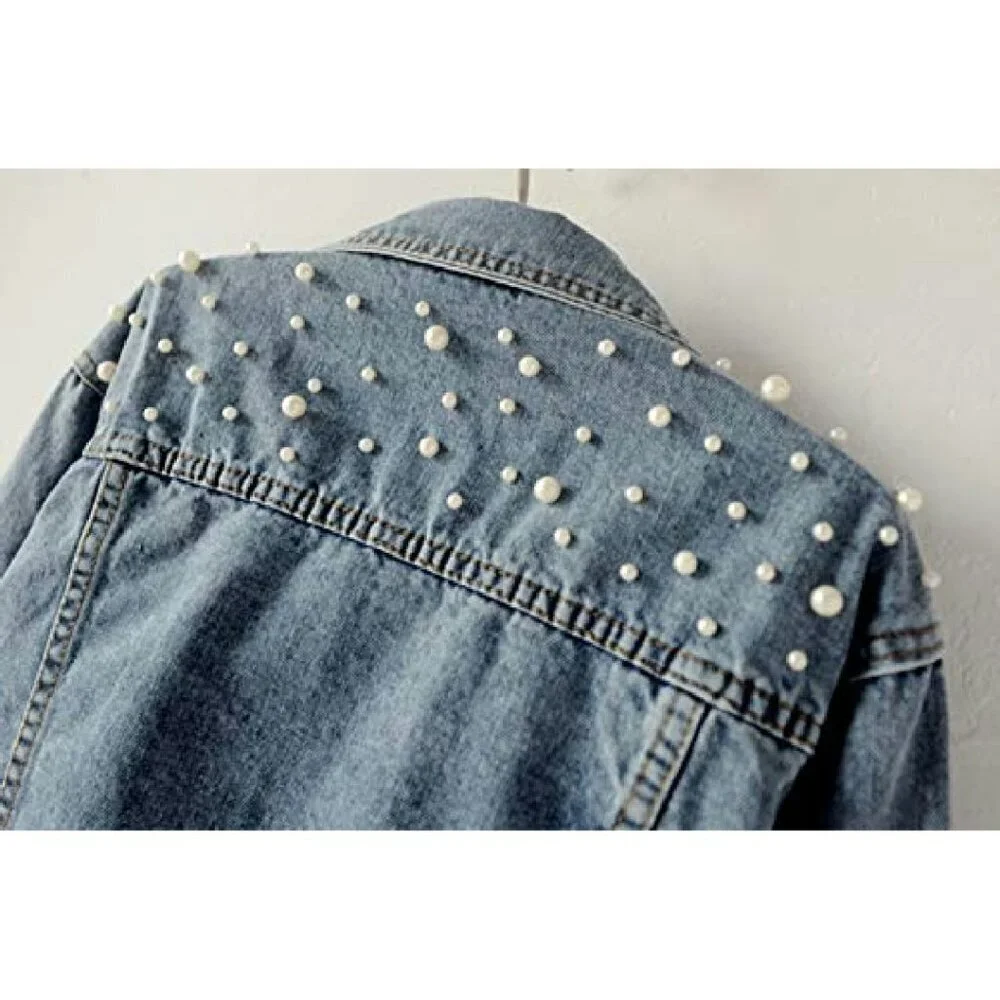Oversized Denim Jacket with Pearl Beading, Distressed Wash, Customizable
